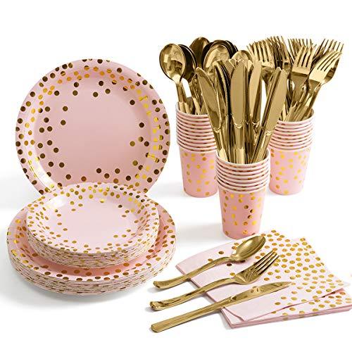 Set of 25 Pink and Gold Disposable Dinnerware for Baby Shower Wedding Party - Lasercutwraps Shop