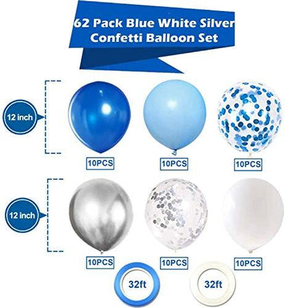 62pcs Blue Silver White Confetti Balloons Kit for Boy Birthday Baby Shower Graduation - Lasercutwraps Shop