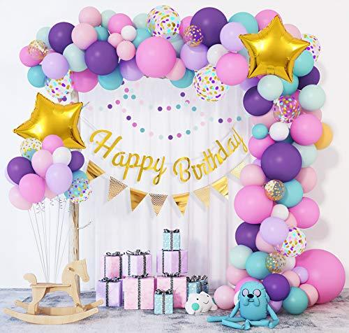 202Pcs Unicorn Birthday Balloons Arch Garland Kit, Confetti Latex Foil Purple Pink Balloons with Happy Birthday Banner - Lasercutwraps Shop