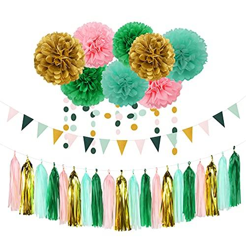 Sage-Green Pink-Gold Baby Bridal-Shower Decorations-30pcs Rustic Wedding Tissue Pom Poms,Tassel Garland Banner for Bachelorette Mothers Day Party - Lasercutwraps Shop