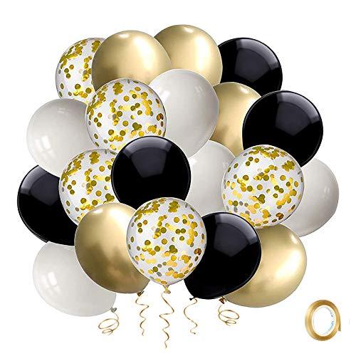 Black and Gold Confetti Balloons, 50 Pack 12inch White Latex Party Balloon Set with Gold Ribbon - Lasercutwraps Shop