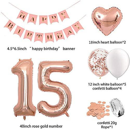 Birthday Decorations Pink Happy Birthday Banner 40inch Rose Gold Number 15 Balloons for Birthday Party - Lasercutwraps Shop