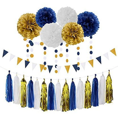 Navy Blue White Gold Party Decoration 23pcs Kits-Paper Flowers,Banner Flags,Circle Banner,Tassel Garland Birthday Bachelorette Boy Baby Shower Gender Reveal Graduation Decorations Lasting Surprise - Lasercutwraps Shop