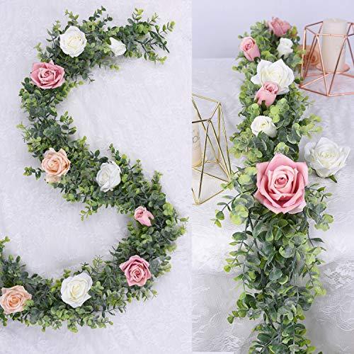 Faux Eucalyptus Garland Plant, 2 Pack Artificial Vines Hanging Eucalyptus Leaves Greenery Garland for Wedding Backdrop Arch Wall Decor, 6 Feet/pcs UV Protected Indoor Outdoor - Lasercutwraps Shop