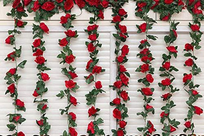 2 Pack (16FT) Artificial Rose Vine Flowers Plants Fake Flower Vine for Wedding Home Party Garden Craft Art Decor Red - Lasercutwraps Shop