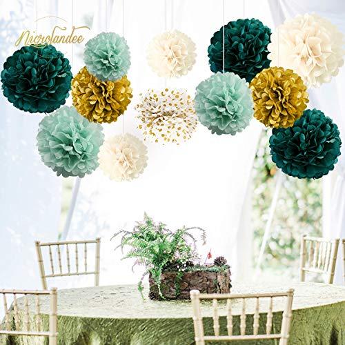 Wedding Party Decorations - 12 PCS Green Ivory Tissue Paper Pom Poms for Neutral Baby Shower, Birthday, Bridal Showers, Rustic Wedding Decorations - Lasercutwraps Shop