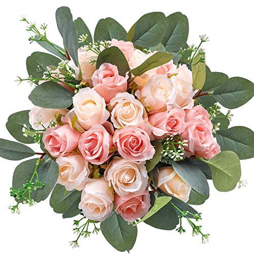 34pcs Artificial Rose Flowers, 24 Silk Flowers and 10 Artificial Eucalyptus Leaves Stems in Bulk Fake Flowers Bouquet, for Home Bridal Wedding Party Festival Decor - Lasercutwraps Shop