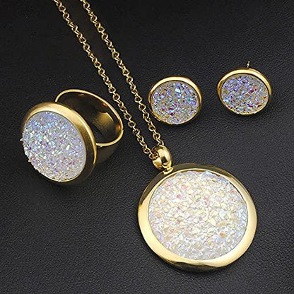 Gold Jewelry For Women Rings Earrings Chain Link Pendants Necklaces Sets Round Irregular Crystal Wedding Jewelry For Bride - Lasercutwraps Shop