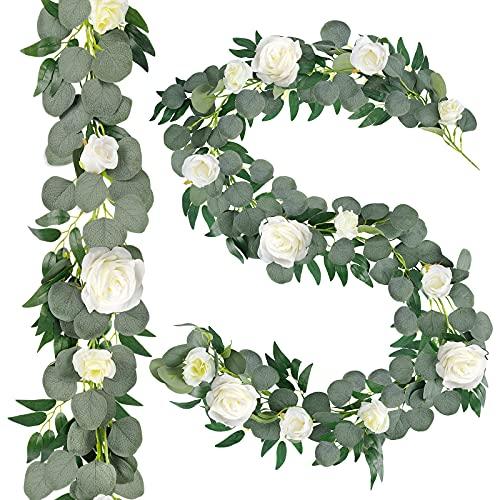 2 Packs Artificial Eucalyptus Garland with Willow Vines Twigs Leaves Silk White Rose, Rose Vine Eucalyptus Strands with Faux Silver Dollar for Wedding Party Garden Decoration - Lasercutwraps Shop