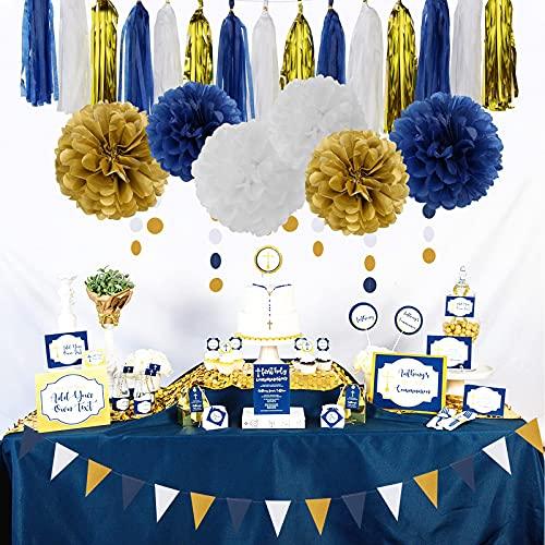 Navy Blue White Gold Party Decoration 23pcs Kits-Paper Flowers,Banner Flags,Circle Banner,Tassel Garland Birthday Bachelorette Boy Baby Shower