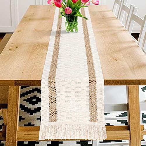 Macrame Table Runner, Cream Beige Boho Table Runner with Tassels, Hand Woven Cotton and Burlap Splicing Table Runner - Lasercutwraps Shop