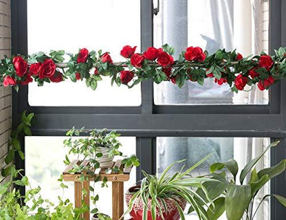 2 Pack (16FT) Artificial Rose Vine Flowers Plants Fake Flower Vine for Wedding Home Party Garden Craft Art Decor Red - Lasercutwraps Shop