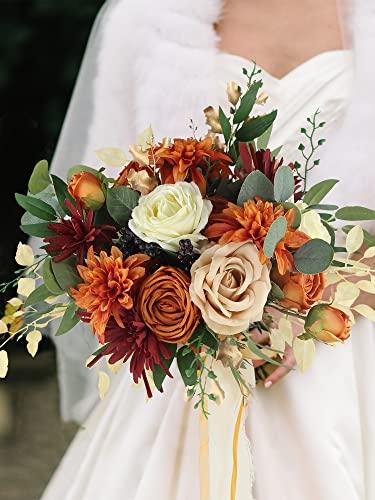 Burnt Orange Bridal Bouquet of Flowers for Wedding Artificial Flowers Silk Rose - Lasercutwraps Shop