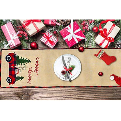 Burlap Christmas Table Runner, Embroidered Merry Christmas, Red Truck Tree Rustic Christmas Table Runner - Lasercutwraps Shop