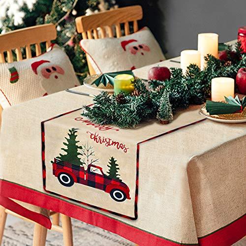 Burlap Christmas Table Runner, Embroidered Merry Christmas, Red Truck Tree Rustic Christmas Table Runner - Lasercutwraps Shop