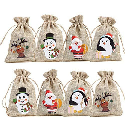 36pcs Christmas Linen Bags with Drawstrings Christmas Burlap Goody Gift Bags with Double Jute Drawstrings, 4 designs Snowman, Santa Claus, Penguin and Elk - Lasercutwraps Shop