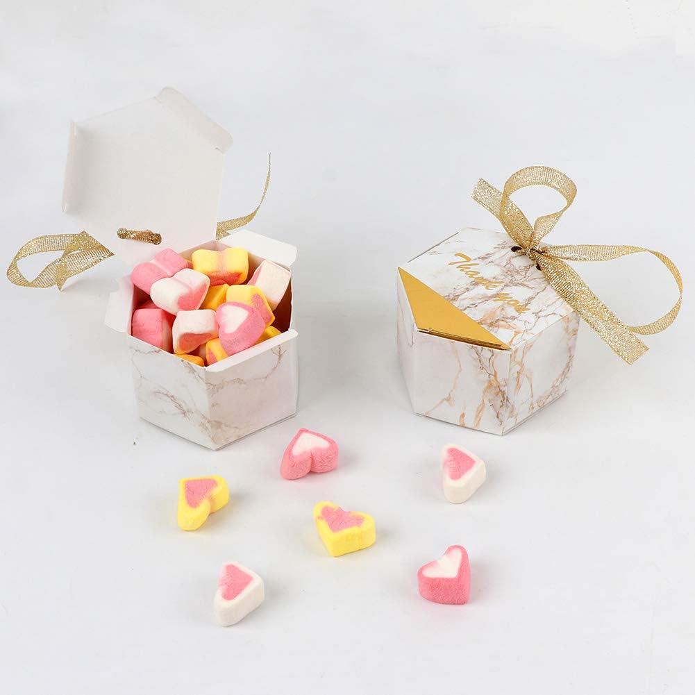 50pcs Marble Wedding Party Favor Boxes, Gold Candy Boxes Bags Hexagonal Chocolate Treat Gift Boxes with Ribbons - Lasercutwraps Shop