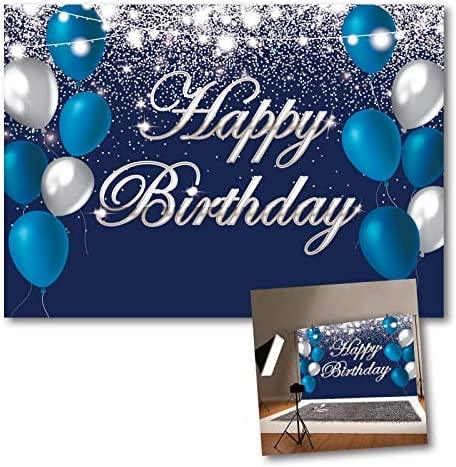 Happy Birthday Backdrop Navy Blue and Silver Happy Birthday Sign Blue Happy Birthday Banner Photo Studio Backdrop - Lasercutwraps Shop