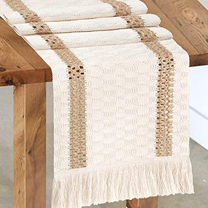 Macrame Table Runner, Cream Beige Boho Table Runner with Tassels, Hand Woven Cotton and Burlap Splicing Table Runner - Lasercutwraps Shop