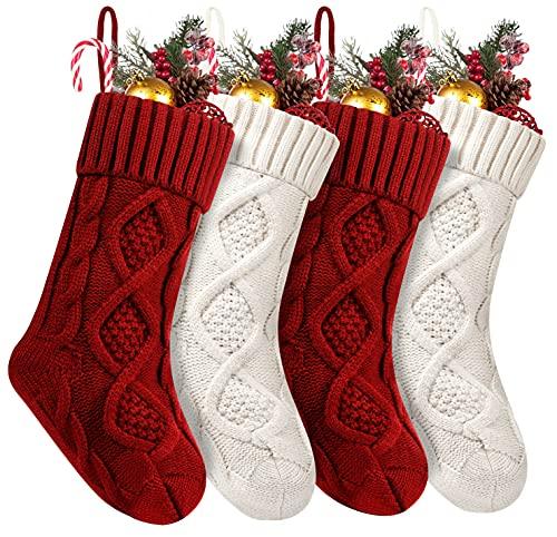 4 Pack Christmas Stockings, 14 Inches Cable Knitted Stocking Gifts & Decoration for Family Holiday Xmas Party Decor, Ivory White and Burgundy - Lasercutwraps Shop