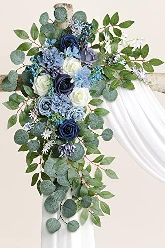 Dusty Blue Artificial Wedding Arch Flowers Kit(Pack of 3), with 26Ft Shiny White Wedding Arch Draping Fabric - Lasercutwraps Shop