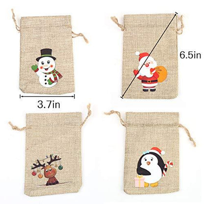 36pcs Christmas Linen Bags with Drawstrings Christmas Burlap Goody Gift Bags with Double Jute Drawstrings, 4 designs Snowman, Santa Claus, Penguin and Elk - Lasercutwraps Shop