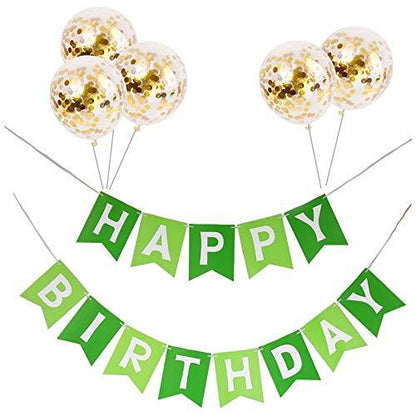 Happy Birthday Banner with 5 pcs Gold Confetti Balloons, Green - Lasercutwraps Shop