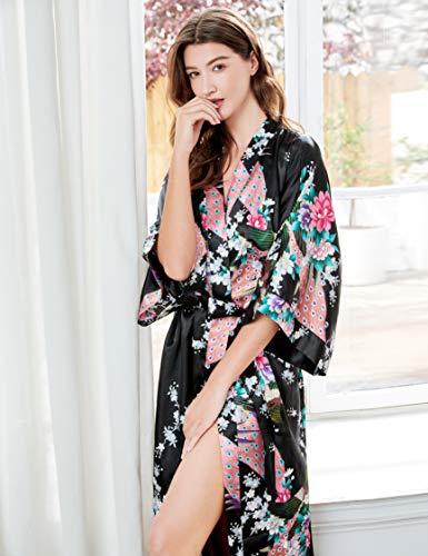 Women's Kimono Robe Long Robes with Peacock and Blossoms Printed Kimono Outfit (Black) - Lasercutwraps Shop