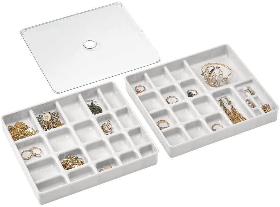 Stackable Plastic Storage Jewelry Box - 2 Organizer Trays with Lid for Drawer, Dresser, Vanity - Holds Necklaces, Bracelets, Bangles, Rings, Earrings - Lasercutwraps Shop