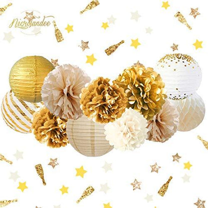 12PCS Tissue Pom Poms Gold Foil Dots Paper Lantern for Rustic Vintage Wedding Bridal Shower Baby Shower - Lasercutwraps Shop