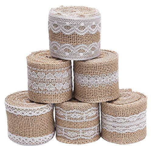 6 Rolls 2 Inch Width Natural Jute Burlap Ribbon with White Lace for Wedding Decoration - Lasercutwraps Shop