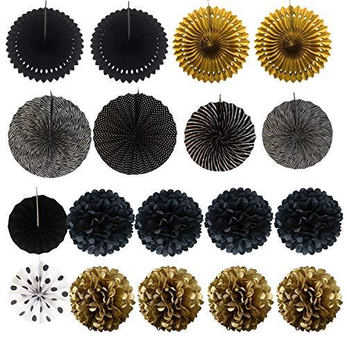 21Pcs Black and Gold Hanging Paper Fans with Pom Poms Flowers for Birthday - Lasercutwraps Shop