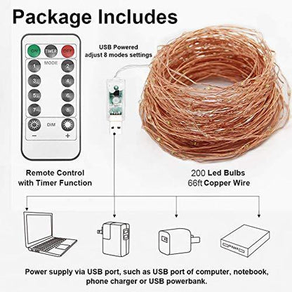 200 LED 66 FT Copper String Lights Fairy String Lights 8 Modes LED String Lights USB Powered with Remote Control for Christmas Tree Wedding Party Home Decoration, Warm White - Lasercutwraps Shop