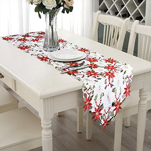 Christmas Embroidered Table Runner, Luxury Holly Poinsettia Table Runner for Christmas Decorations - Lasercutwraps Shop