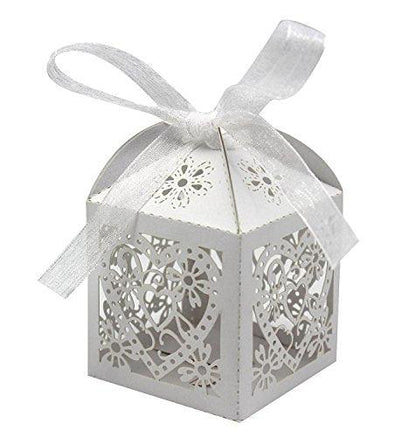 100 Pack Love Heart Laser Cut Wedding Party Favor Box Candy Bag Chocolate Gift Boxes Bridal Birthday Shower Bomboniere with Ribbons (White, 100) - Lasercutwraps Shop