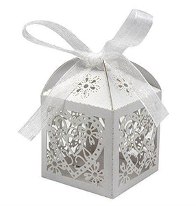 100 Pack Love Heart Laser Cut Wedding Party Favor Box Candy Bag Chocolate Gift Boxes Bridal Birthday Shower Bomboniere with Ribbons (White, 100) - Lasercutwraps Shop