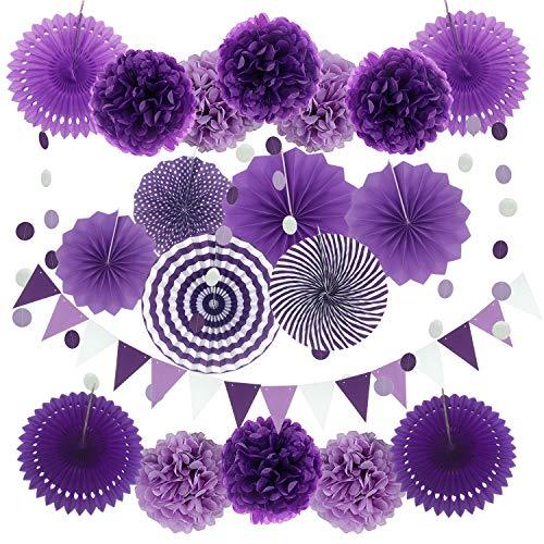 21Pcs Purple and Lavender Hanging Paper Fans, Pom Poms Flowers for Wedding and Birthday - Lasercutwraps Shop