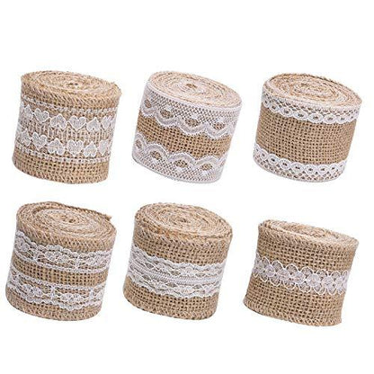 6 Rolls 2 Inch Width Natural Jute Burlap Ribbon with White Lace for Wedding Decoration - Lasercutwraps Shop