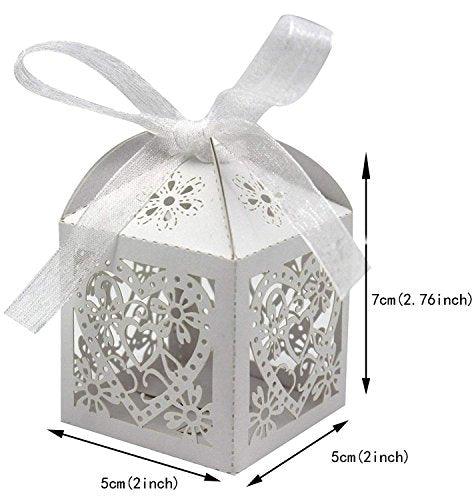 100 Pack Love Heart Laser Cut Wedding Party Favor Box Candy Bag Chocolate Gift Boxes Bridal Birthday Shower Bomboniere with Ribbons (White, 100) - Lasercutwraps Shop