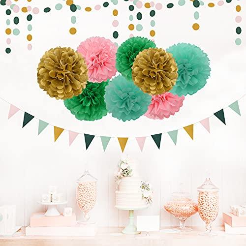 Sage-Green Pink-Gold Baby Bridal-Shower Decorations-30pcs Rustic Wedding Tissue Pom Poms,Tassel Garland Banner for Bachelorette Mothers Day Party - Lasercutwraps Shop