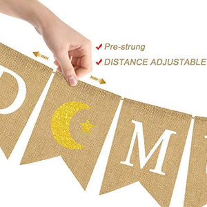 Jute Burlap Ramadan Mubarak Banner with Moon and Star Mantel Fireplace Decoration - Lasercutwraps Shop