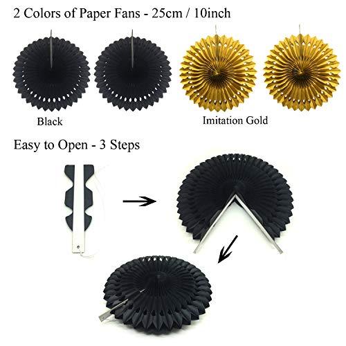 21Pcs Black and Gold Hanging Paper Fans with Pom Poms Flowers for Birthday - Lasercutwraps Shop