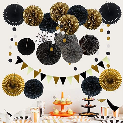 21Pcs Black and Gold Hanging Paper Fans with Pom Poms Flowers for Birthday - Lasercutwraps Shop