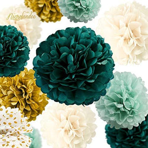 Wedding Party Decorations - 12 PCS Green Ivory Tissue Paper Pom Poms for Neutral Baby Shower, Birthday, Bridal Showers, Rustic Wedding Decorations - Lasercutwraps Shop