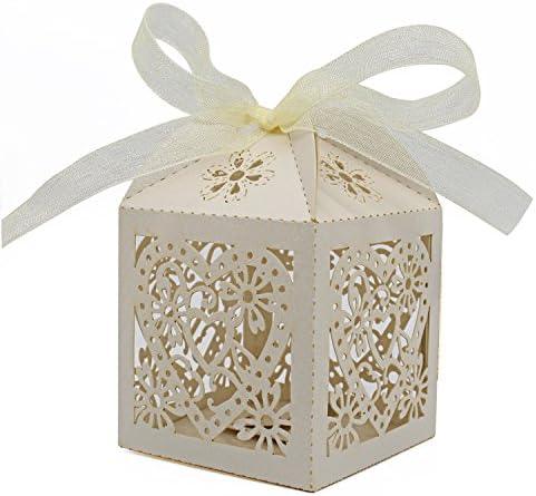 100 Pack Love Heart Laser Cut Wedding Party Favor Box Candy Bag Chocolate Gift Boxes Bridal Birthday Shower Bomboniere with Ribbons - Lasercutwraps Shop
