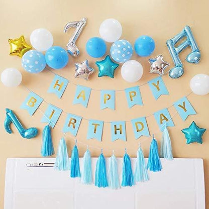 Light Blue HAPPY BIRTHDAY Banner with 5 pcs Gold Confetti Balloons - Lasercutwraps Shop