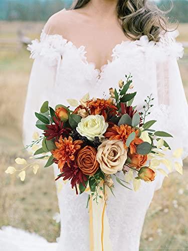 Burnt Orange Bridal Bouquet of Flowers for Wedding Artificial Flowers Silk Rose - Lasercutwraps Shop