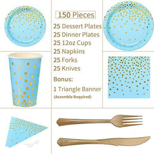 150PCS Golden Dot Disposable Party Dinnerware for Baby Shower, Boy Birthday - Lasercutwraps Shop