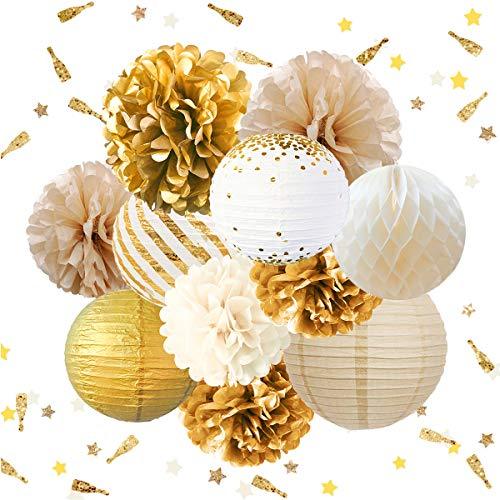 12PCS Tissue Pom Poms Gold Foil Dots Paper Lantern for Rustic Vintage Wedding Bridal Shower Baby Shower - Lasercutwraps Shop