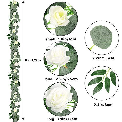 2 Packs Artificial Eucalyptus Garland with Willow Vines Twigs Leaves Silk White Rose, Rose Vine Eucalyptus Strands with Faux Silver Dollar for Wedding Party Garden Decoration - Lasercutwraps Shop